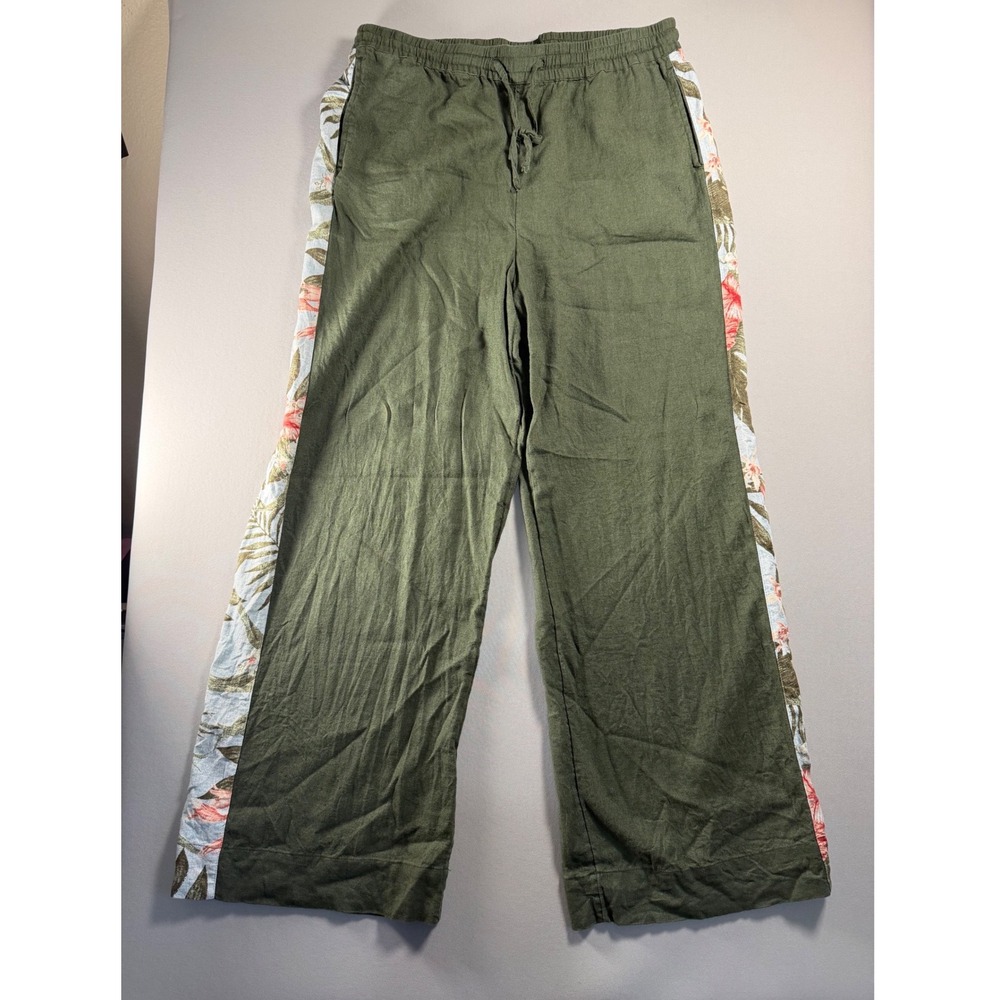 Naturals d&co. Olive Green Linen Blend Floral Side Stripe Wide Leg Pants Medium